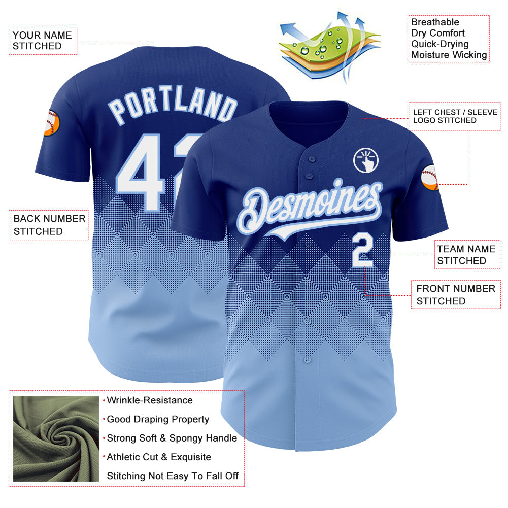 Custom Royal White-Light Blue 3D Pattern Design Gradient Square Shapes Authentic Baseball Jersey view 3
