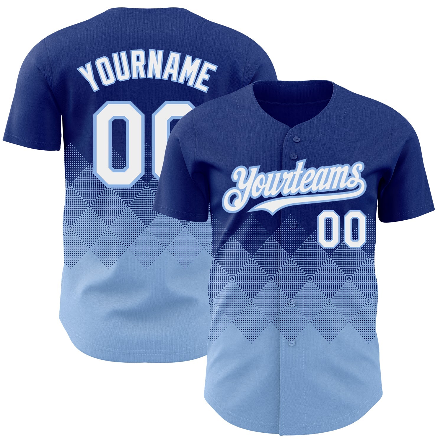 Custom Royal White-Light Blue 3D Pattern Design Gradient Square Shapes Authentic Baseball Jersey - Main View