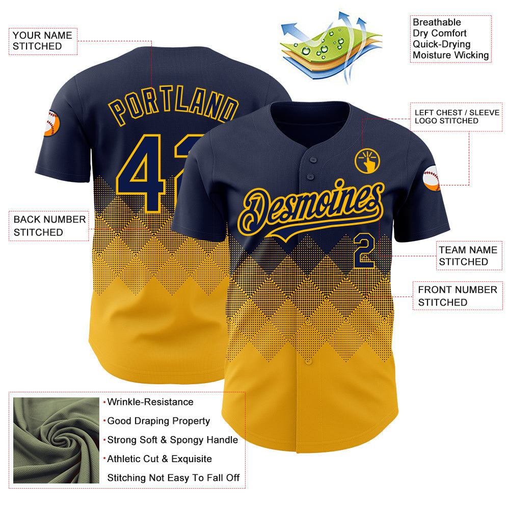 Custom Navy Gold 3D Pattern Design Gradient Square Shapes Authentic Baseball Jersey view 3