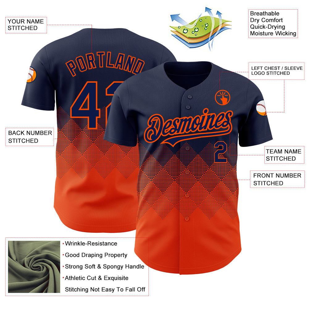 Custom Navy Orange 3D Pattern Design Gradient Square Shapes Authentic Baseball Jersey view 3