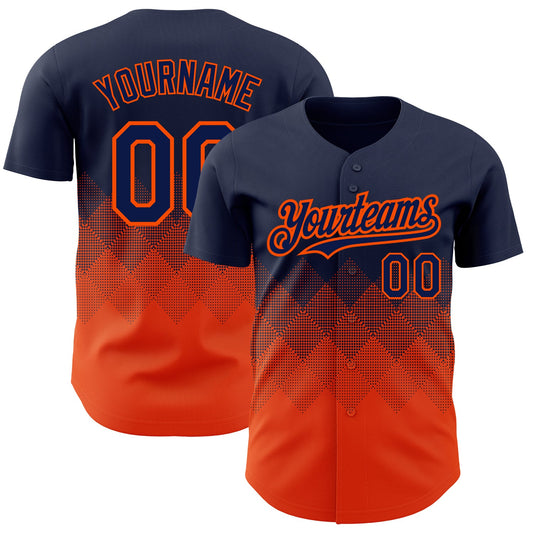 Custom Navy Orange 3D Pattern Design Gradient Square Shapes Authentic Baseball Jersey - Main View