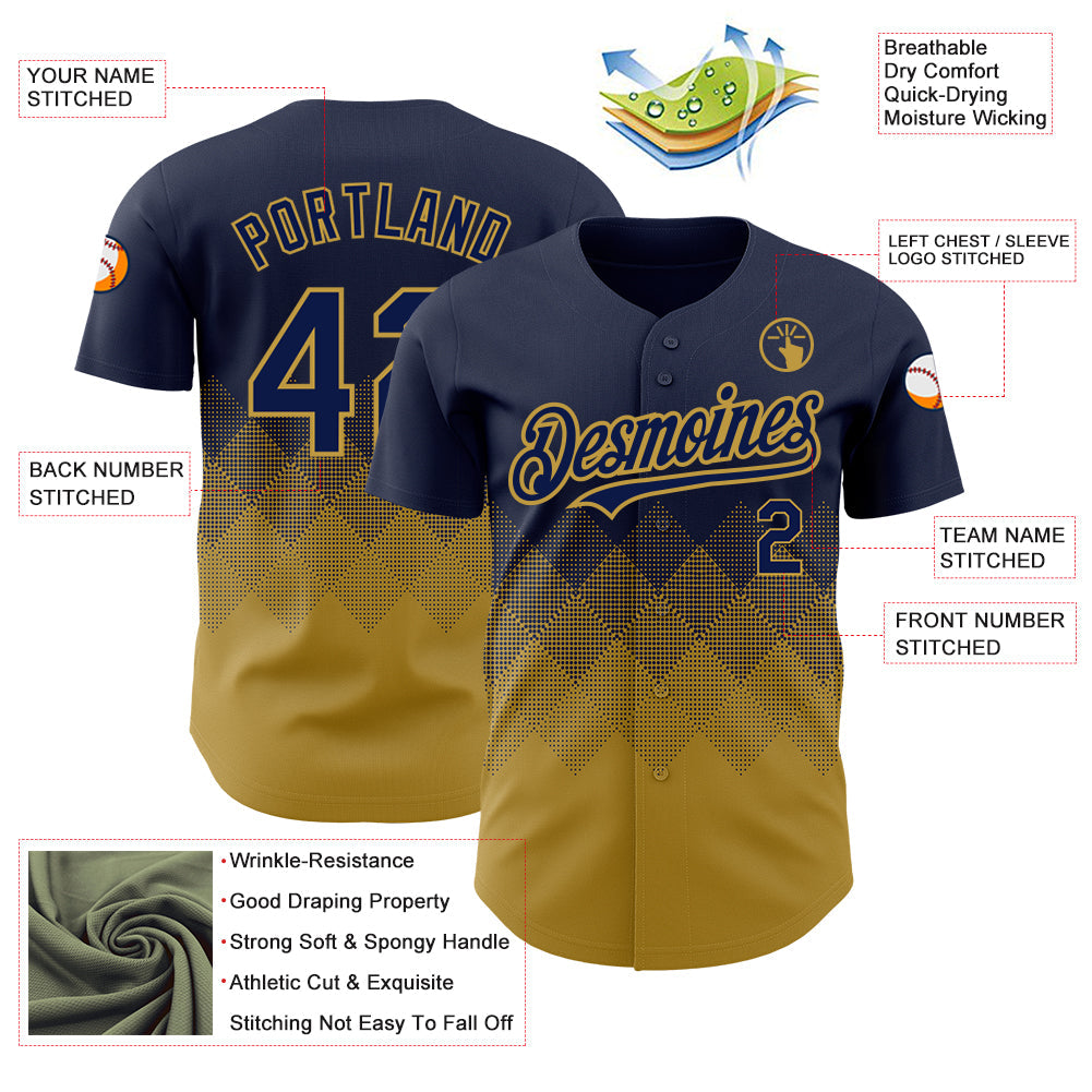 Custom Navy Old Gold 3D Pattern Design Gradient Square Shapes Authentic Baseball Jersey view 3