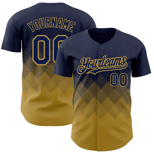 Custom Navy Old Gold 3D Pattern Design Gradient Square Shapes Authentic Baseball Jersey - Main View