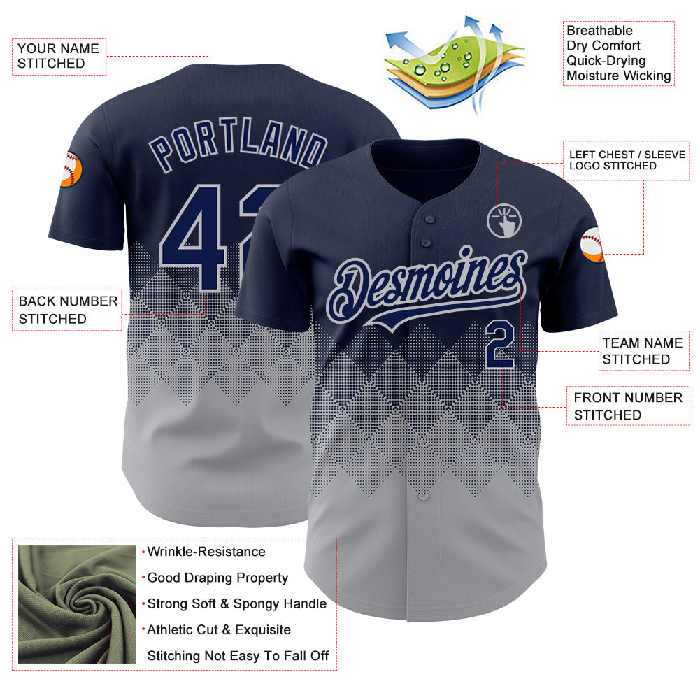 Custom Navy Gray 3D Pattern Design Gradient Square Shapes Authentic Baseball Jersey view 3
