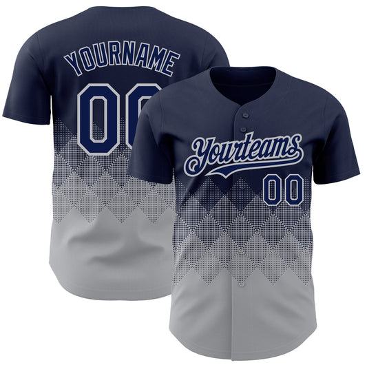 Custom Navy Gray 3D Pattern Design Gradient Square Shapes Authentic Baseball Jersey - Main View