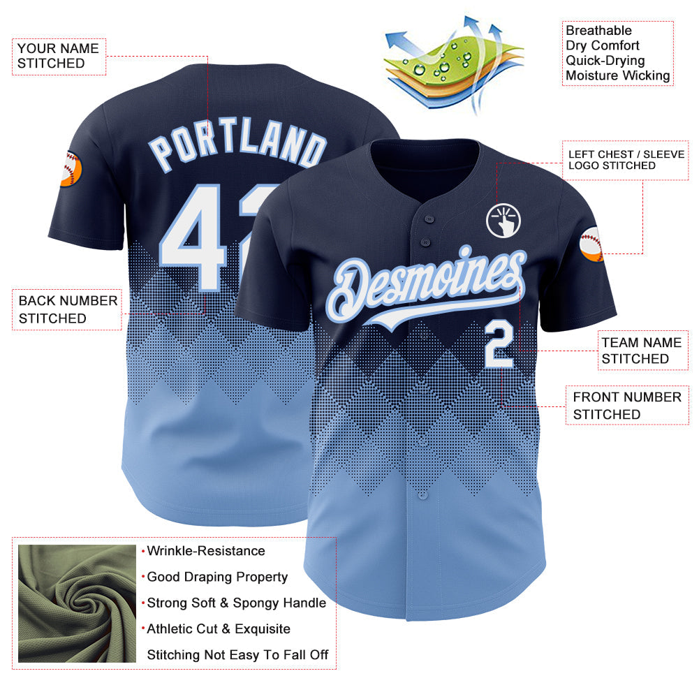 Custom Navy White-Light Blue 3D Pattern Design Gradient Square Shapes Authentic Baseball Jersey view 3