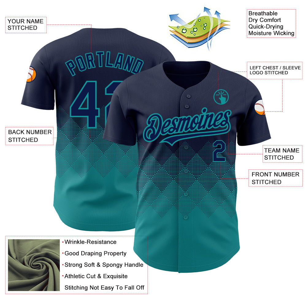Custom Navy Teal 3D Pattern Design Gradient Square Shapes Authentic Baseball Jersey view 3