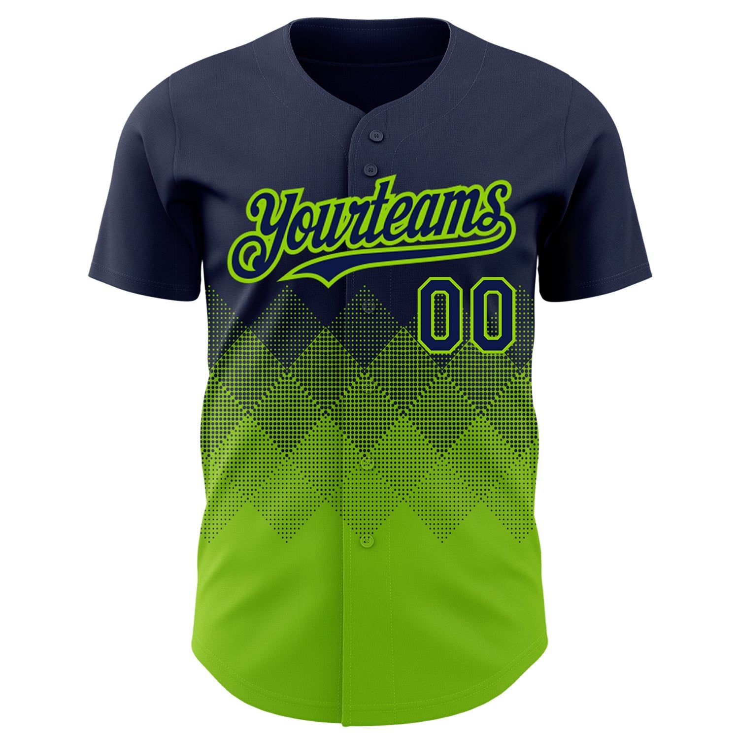 Custom Navy Neon Green 3D Pattern Design Gradient Square Shapes Authentic Baseball Jersey view 2