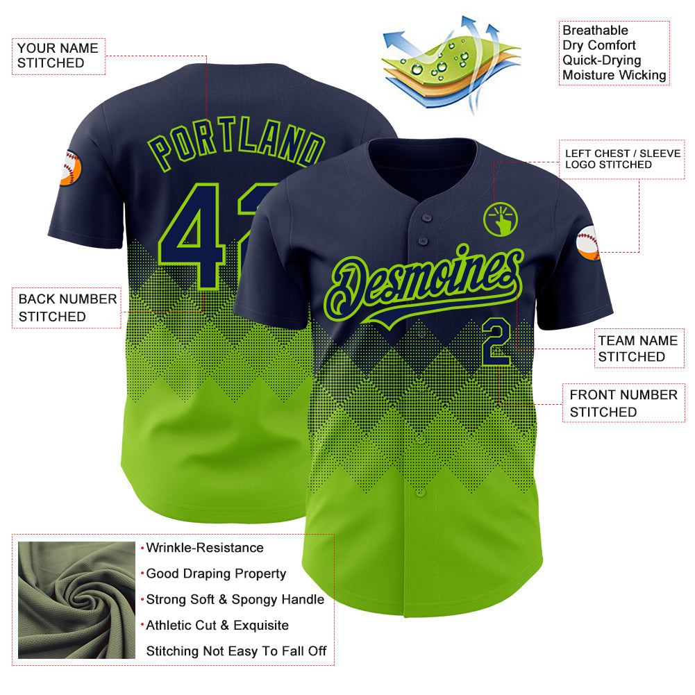 Custom Navy Neon Green 3D Pattern Design Gradient Square Shapes Authentic Baseball Jersey view 3
