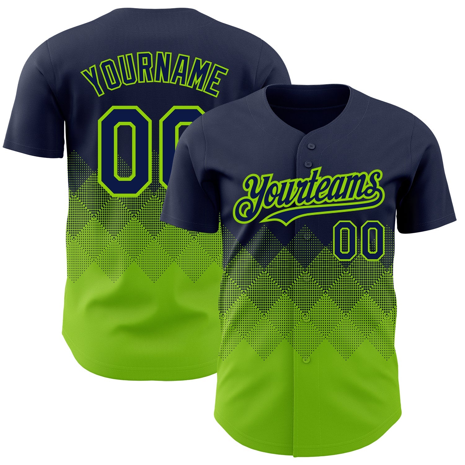 Custom Navy Neon Green 3D Pattern Design Gradient Square Shapes Authentic Baseball Jersey - Main View