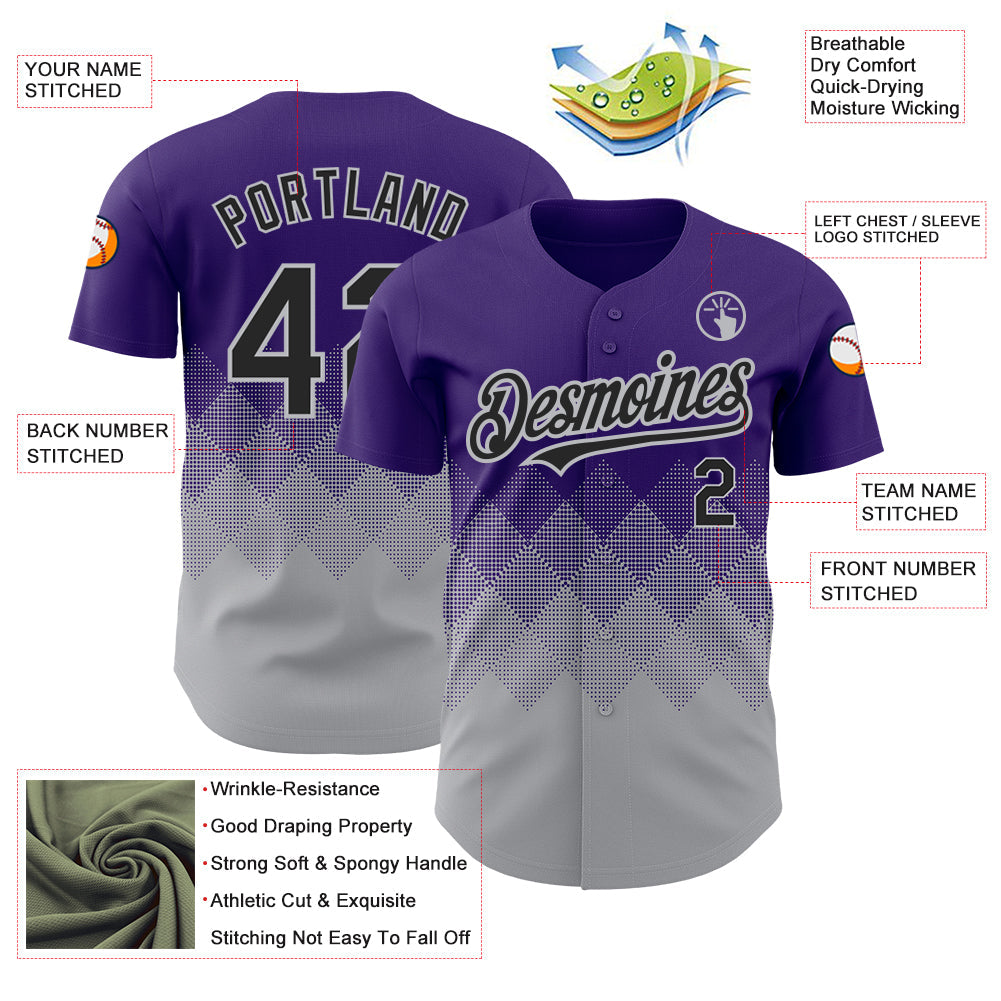 Custom Purple Black-Gray 3D Pattern Design Gradient Square Shapes Authentic Baseball Jersey view 3