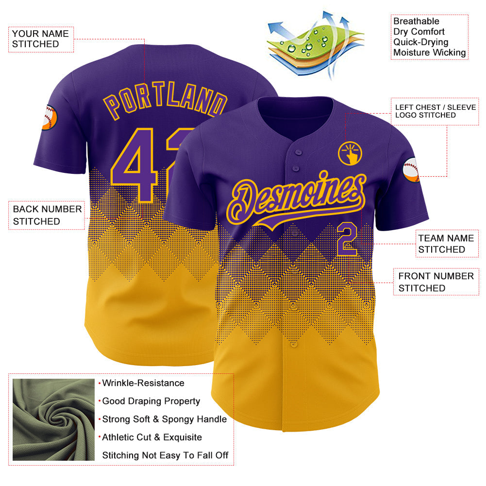 Custom Purple Gold 3D Pattern Design Gradient Square Shapes Authentic Baseball Jersey view 3