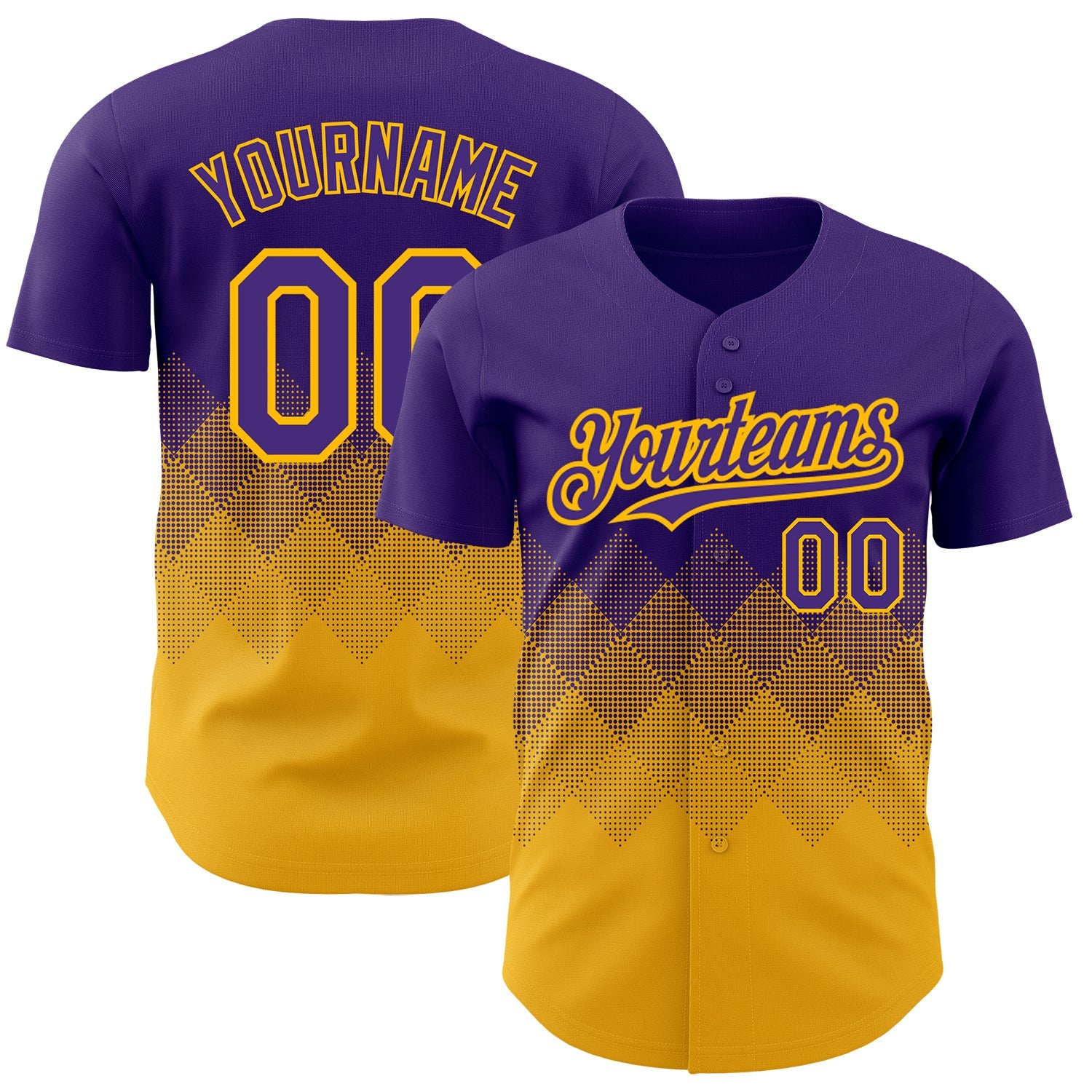 Custom Purple Gold 3D Pattern Design Gradient Square Shapes Authentic Baseball Jersey - Main View