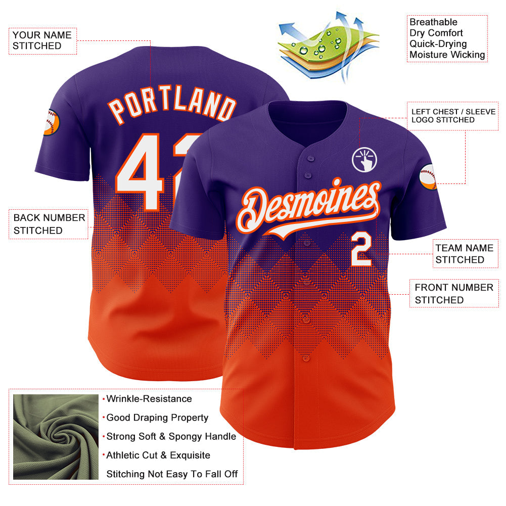Custom Purple White-Orange 3D Pattern Design Gradient Square Shapes Authentic Baseball Jersey view 3