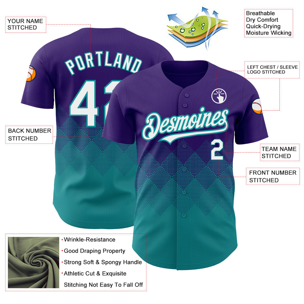 Custom Purple White-Teal 3D Pattern Design Gradient Square Shapes Authentic Baseball Jersey view 3