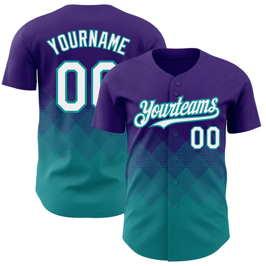 Custom Purple White-Teal 3D Pattern Design Gradient Square Shapes Authentic Baseball Jersey - Main View