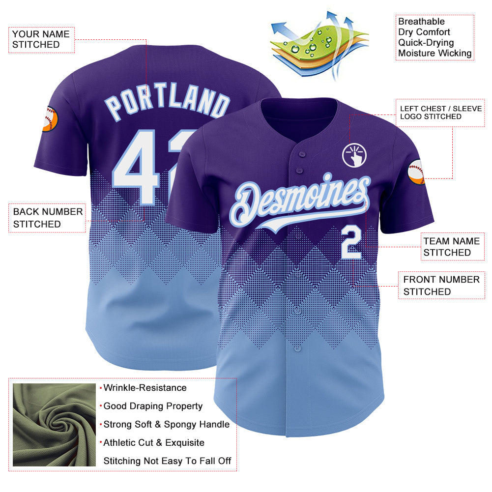 Custom Purple White-Light Blue 3D Pattern Design Gradient Square Shapes Authentic Baseball Jersey view 3