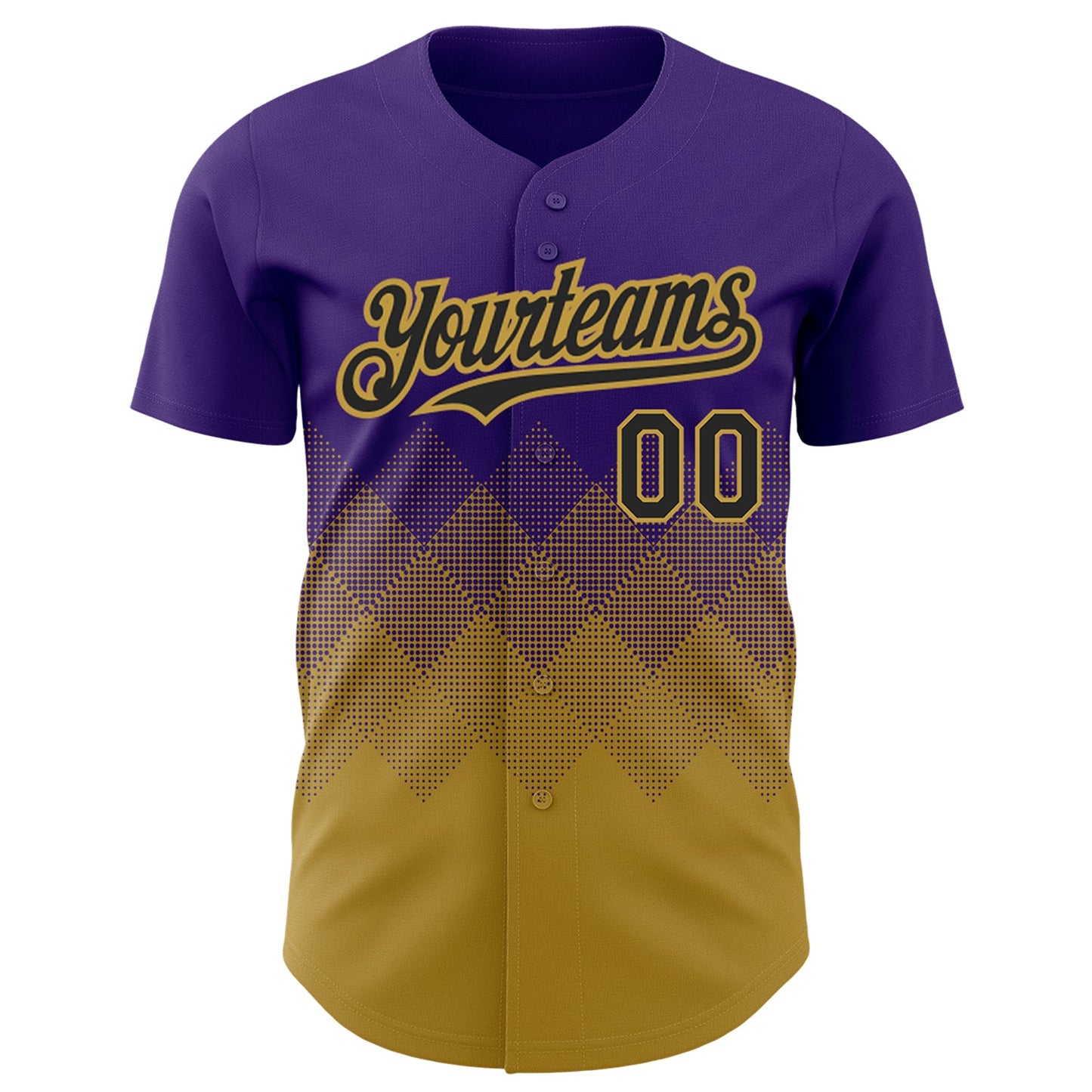 Custom Purple Black-Old Gold 3D Pattern Design Gradient Square Shapes Authentic Baseball Jersey view 2