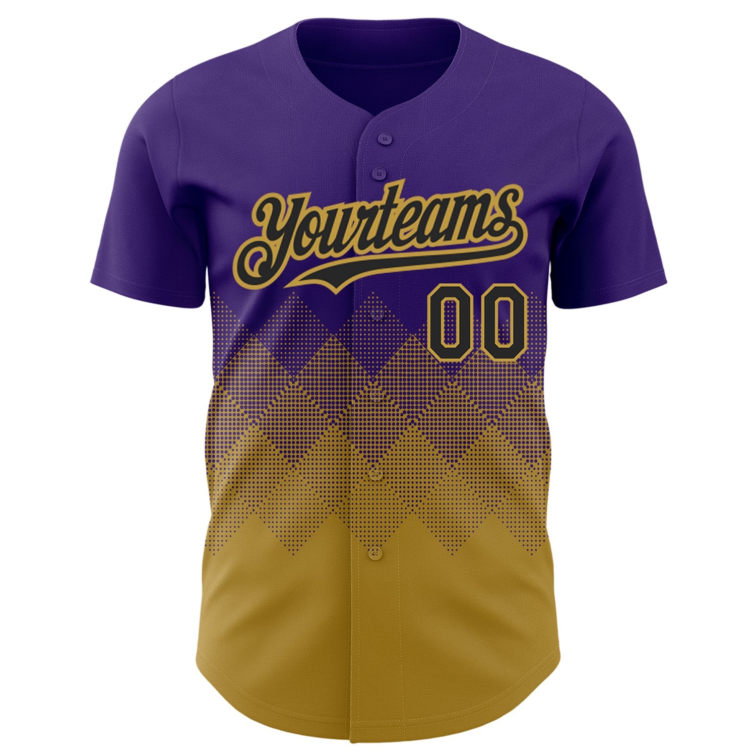 Custom Purple Black-Old Gold 3D Pattern Design Gradient Square Shapes Authentic Baseball Jersey view 2