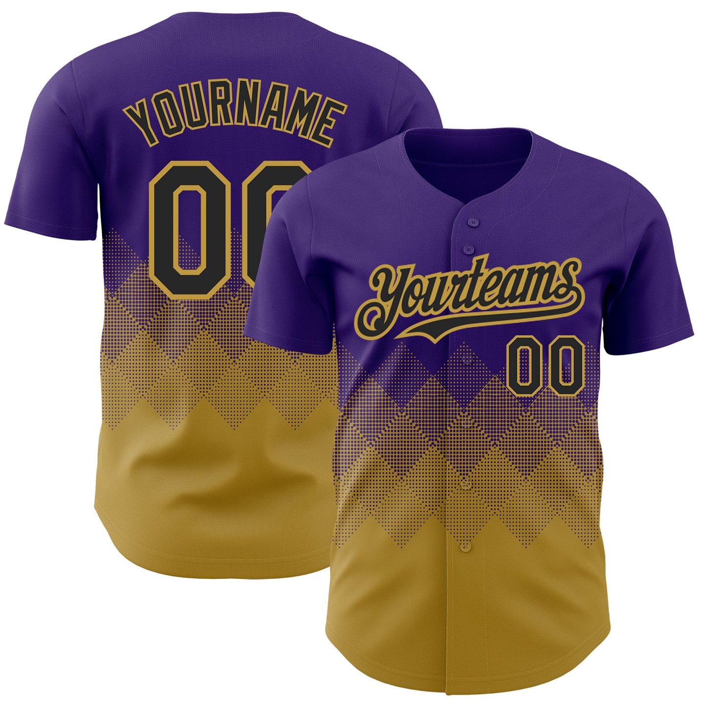 Custom Purple Black-Old Gold 3D Pattern Design Gradient Square Shapes Authentic Baseball Jersey - Main View