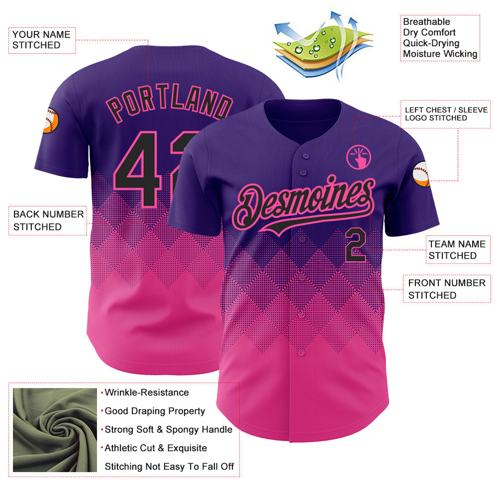 Custom Purple Black-Pink 3D Pattern Design Gradient Square Shapes Authentic Baseball Jersey view 3