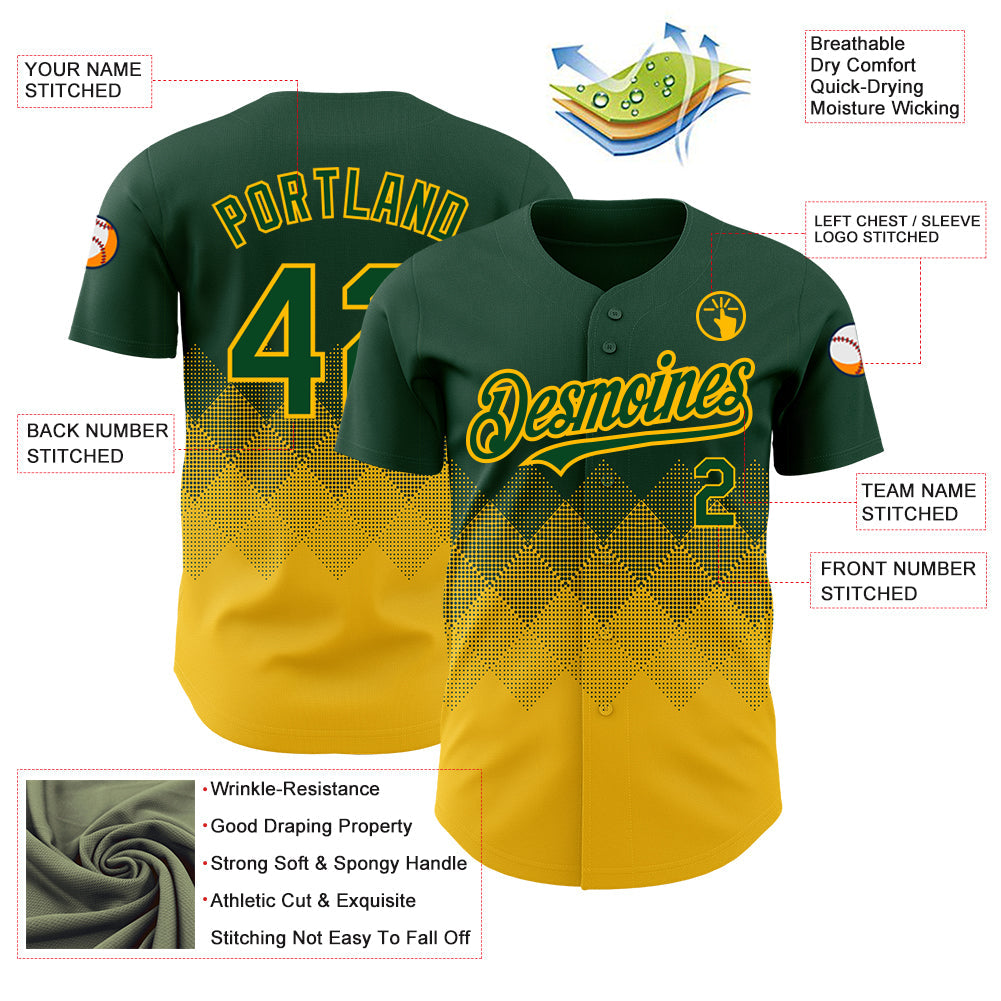 Custom Green Gold 3D Pattern Design Gradient Square Shapes Authentic Baseball Jersey view 3