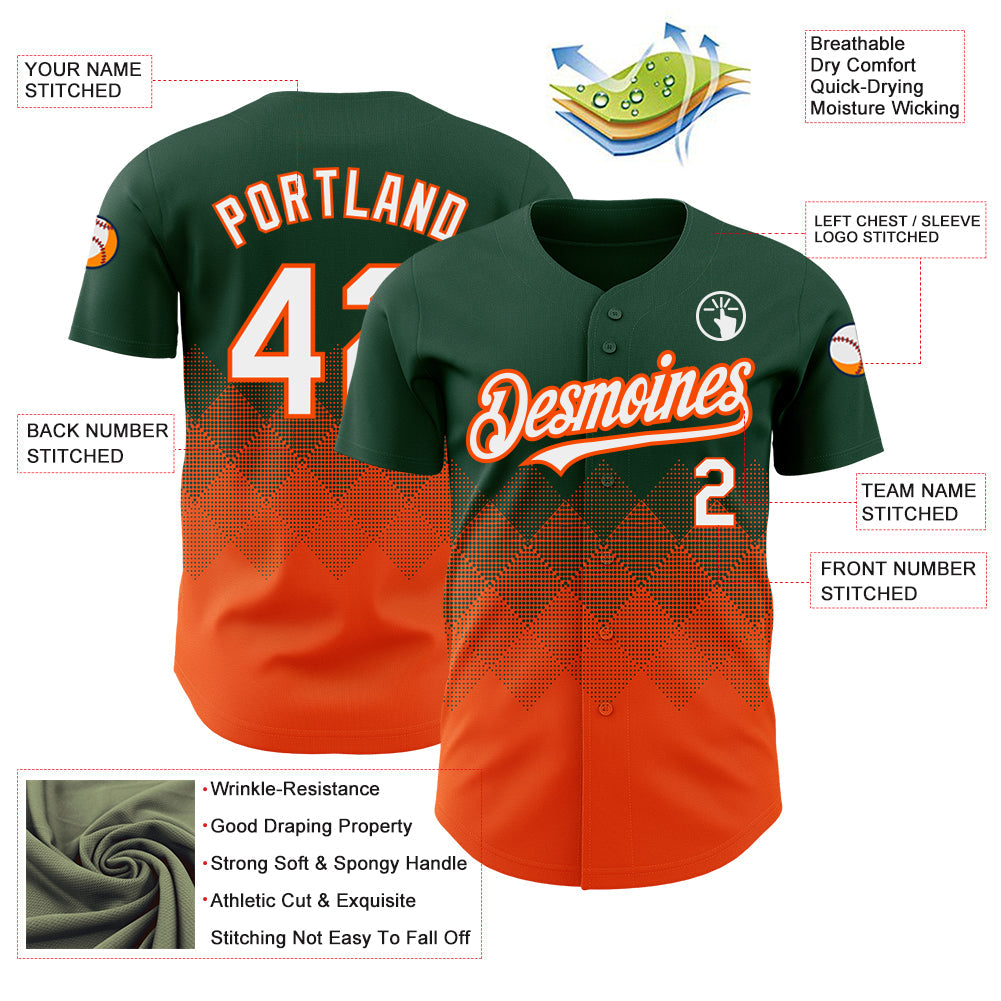 Custom Green White-Orange 3D Pattern Design Gradient Square Shapes Authentic Baseball Jersey view 3
