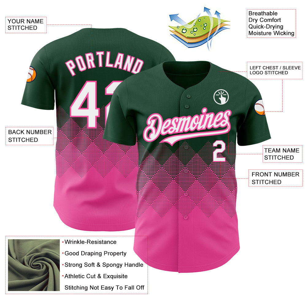 Custom Green White-Pink 3D Pattern Design Gradient Square Shapes Authentic Baseball Jersey view 3