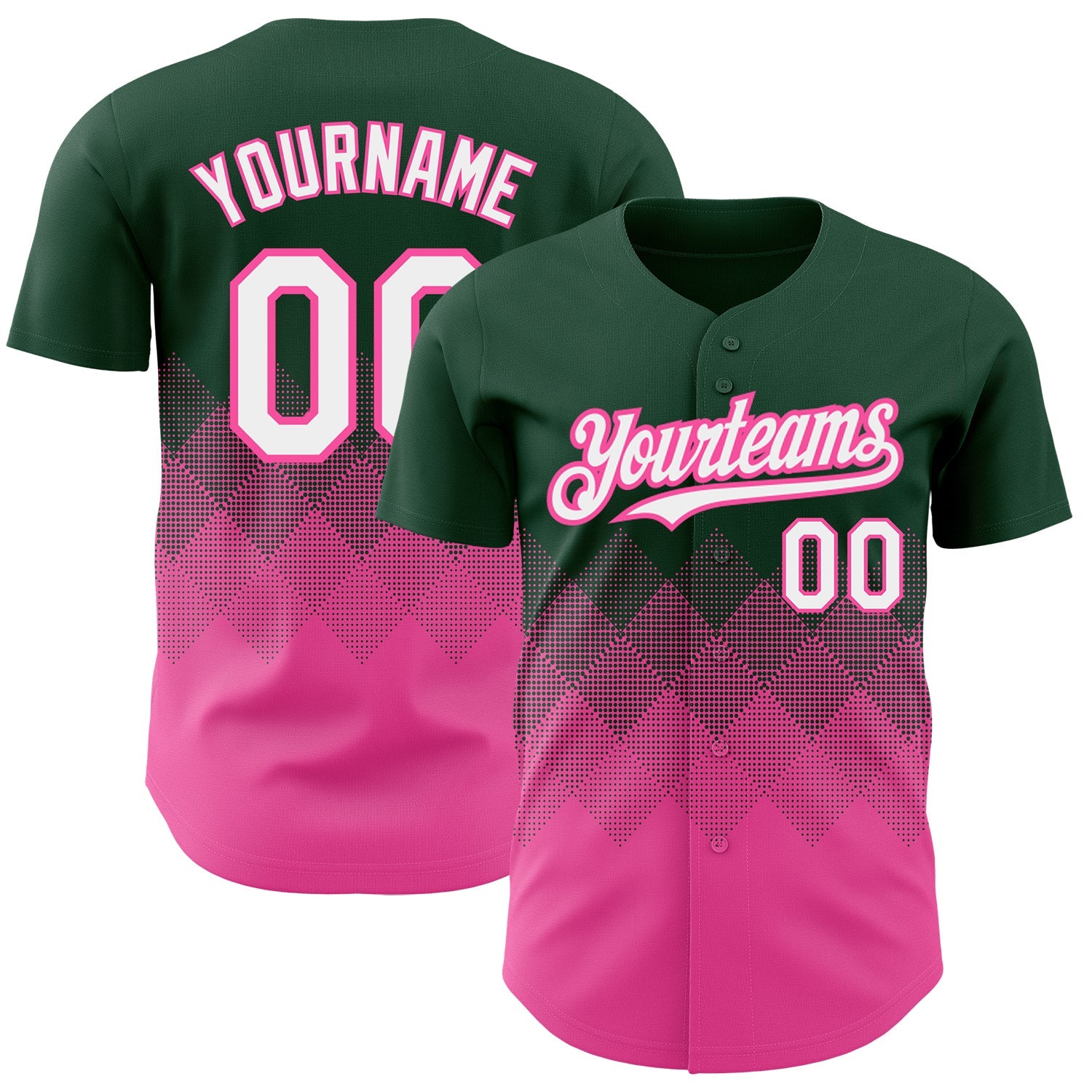 Custom Green White-Pink 3D Pattern Design Gradient Square Shapes Authentic Baseball Jersey - Main View