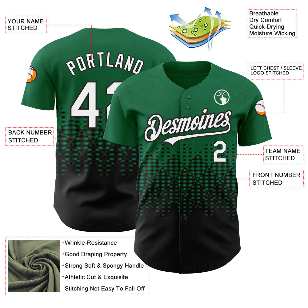 Custom Kelly Green White-Black 3D Pattern Design Gradient Square Shapes Authentic Baseball Jersey view 3
