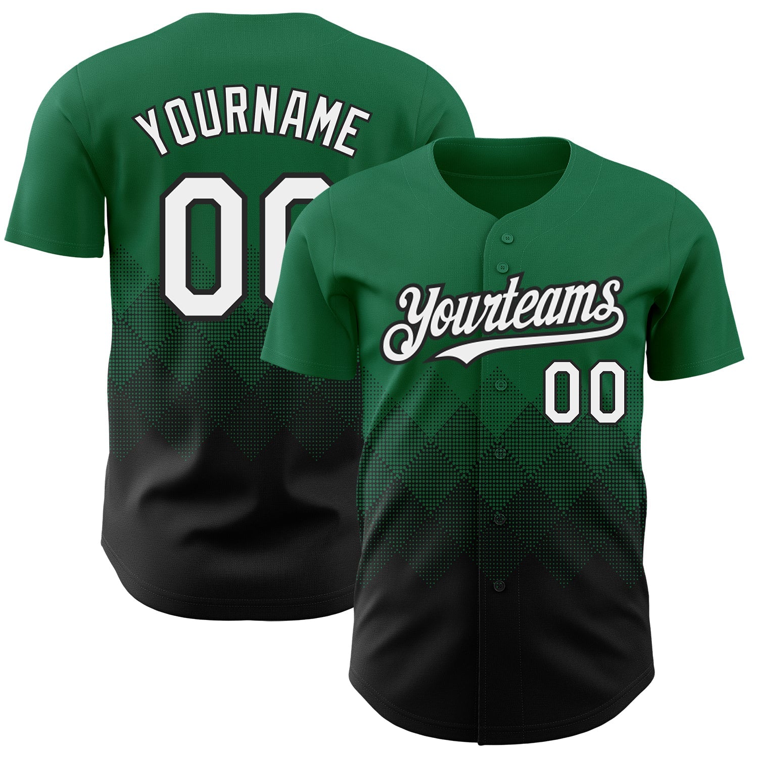 Custom Kelly Green White-Black 3D Pattern Design Gradient Square Shapes Authentic Baseball Jersey - Main View