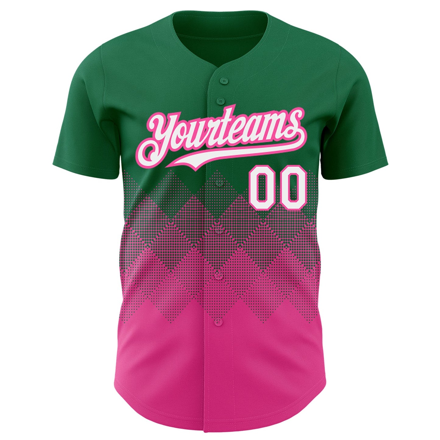 Custom Kelly Green White-Pink 3D Pattern Design Gradient Square Shapes Authentic Baseball Jersey view 2