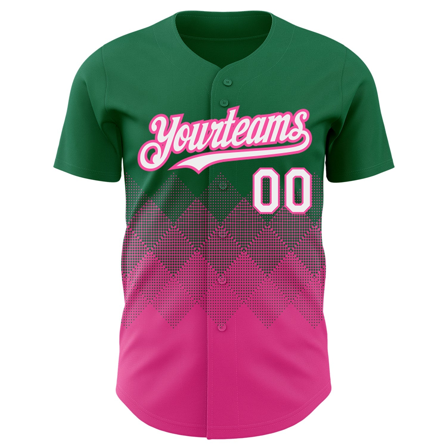 Custom Kelly Green White-Pink 3D Pattern Design Gradient Square Shapes Authentic Baseball Jersey view 2