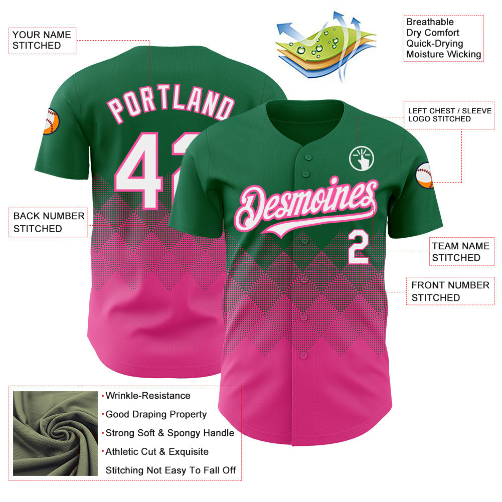 Custom Kelly Green White-Pink 3D Pattern Design Gradient Square Shapes Authentic Baseball Jersey view 3