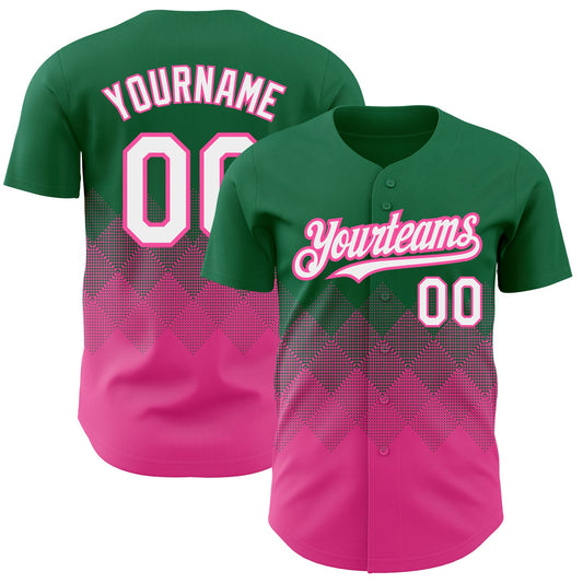 Custom Kelly Green White-Pink 3D Pattern Design Gradient Square Shapes Authentic Baseball Jersey - Main View