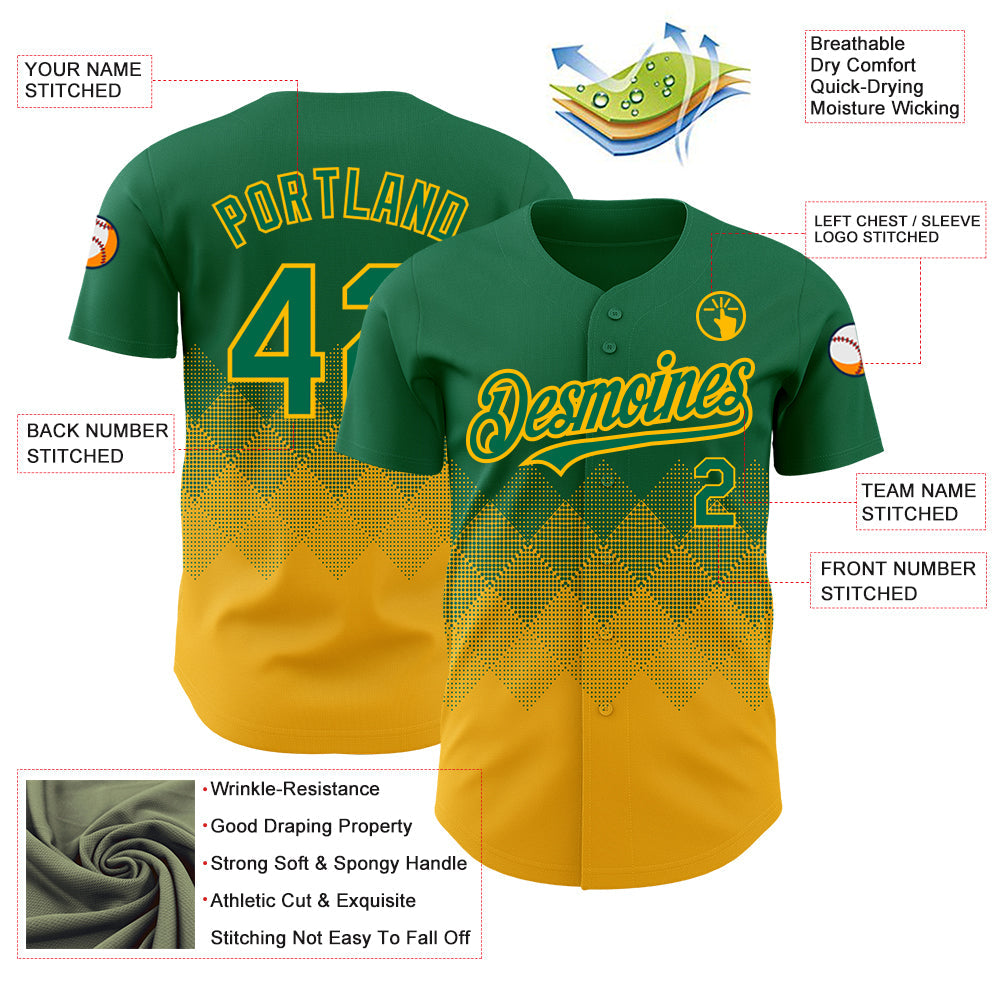 Custom Kelly Green Gold 3D Pattern Design Gradient Square Shapes Authentic Baseball Jersey view 3