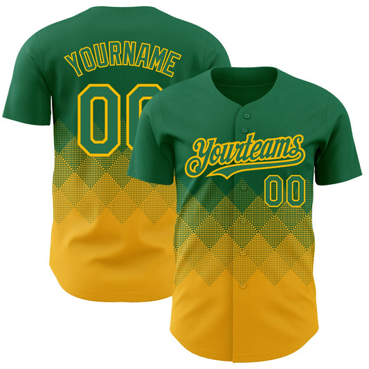 Custom Kelly Green Gold 3D Pattern Design Gradient Square Shapes Authentic Baseball Jersey - Main View