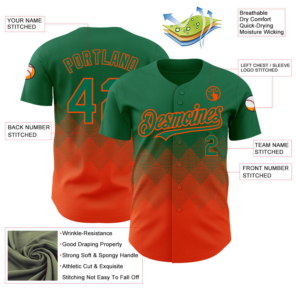 Custom Kelly Green Orange 3D Pattern Design Gradient Square Shapes Authentic Baseball Jersey view 3