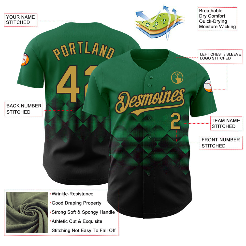 Custom Kelly Green Old Gold-Black 3D Pattern Design Gradient Square Shapes Authentic Baseball Jersey view 3