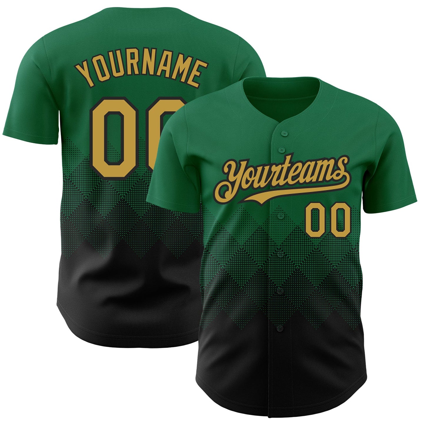 Custom Kelly Green Old Gold-Black 3D Pattern Design Gradient Square Shapes Authentic Baseball Jersey - Main View