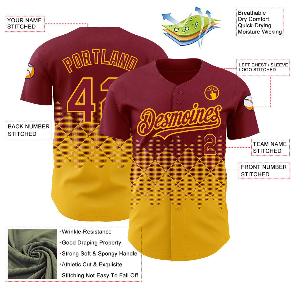 Custom Crimson Gold 3D Pattern Design Gradient Square Shapes Authentic Baseball Jersey view 3