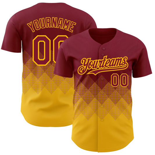 Custom Crimson Gold 3D Pattern Design Gradient Square Shapes Authentic Baseball Jersey - Main View