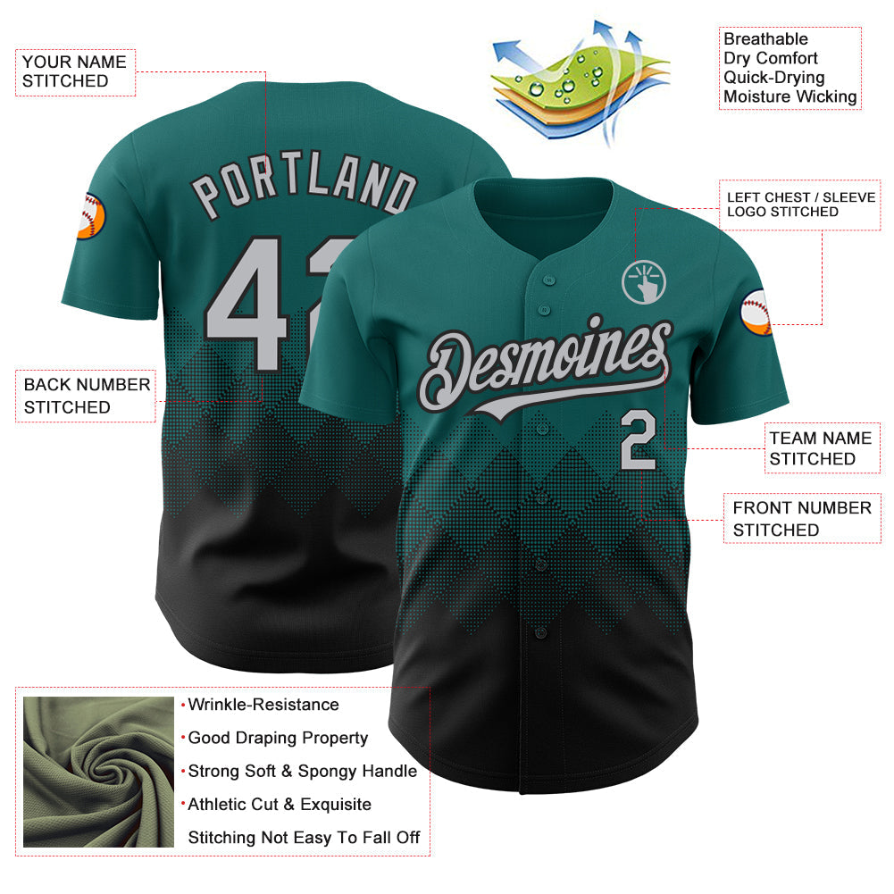 Custom Teal Gray-Black 3D Pattern Design Gradient Square Shapes Authentic Baseball Jersey view 3
