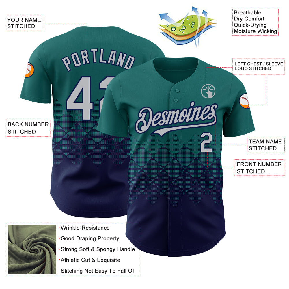 Custom Teal Gray-Navy 3D Pattern Design Gradient Square Shapes Authentic Baseball Jersey view 3