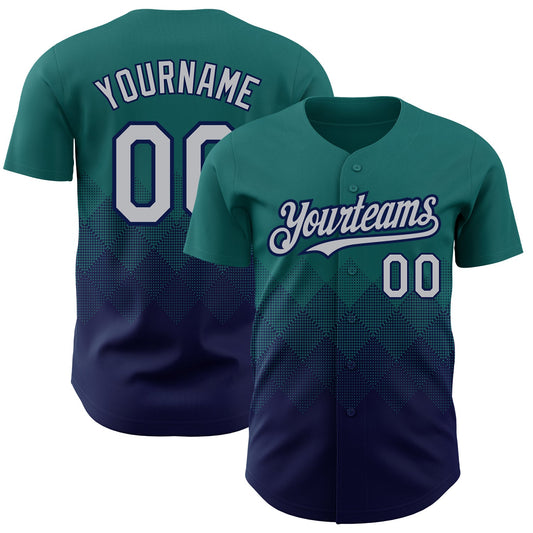 Custom Teal Gray-Navy 3D Pattern Design Gradient Square Shapes Authentic Baseball Jersey - Main View