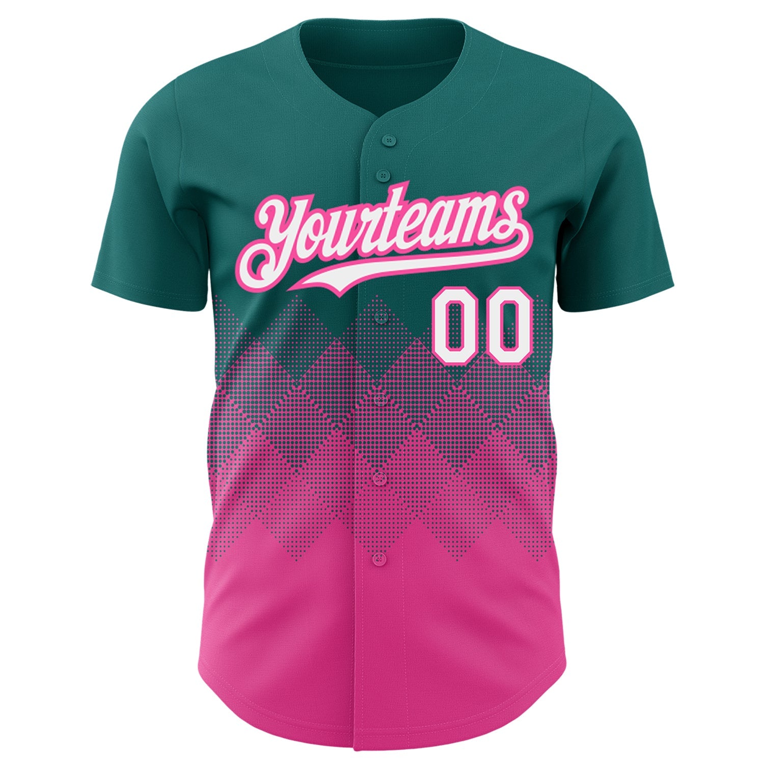 Custom Teal White-Pink 3D Pattern Design Gradient Square Shapes Authentic Baseball Jersey view 2