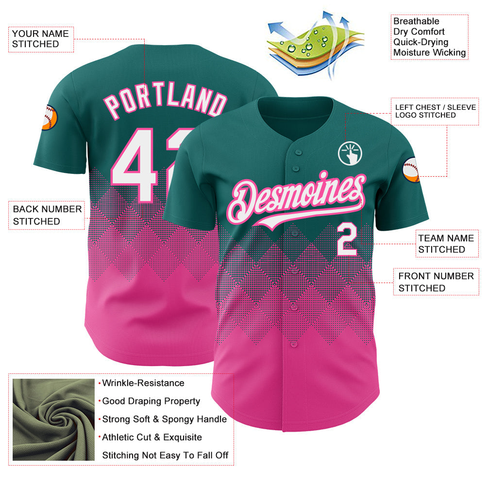 Custom Teal White-Pink 3D Pattern Design Gradient Square Shapes Authentic Baseball Jersey view 3