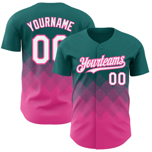 Custom Teal White-Pink 3D Pattern Design Gradient Square Shapes Authentic Baseball Jersey - Main View