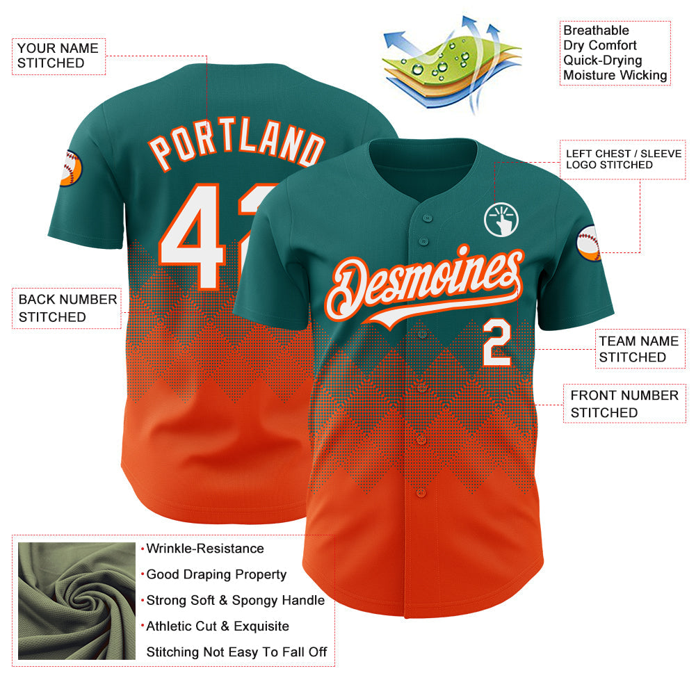 Custom Teal White-Orange 3D Pattern Design Gradient Square Shapes Authentic Baseball Jersey view 3