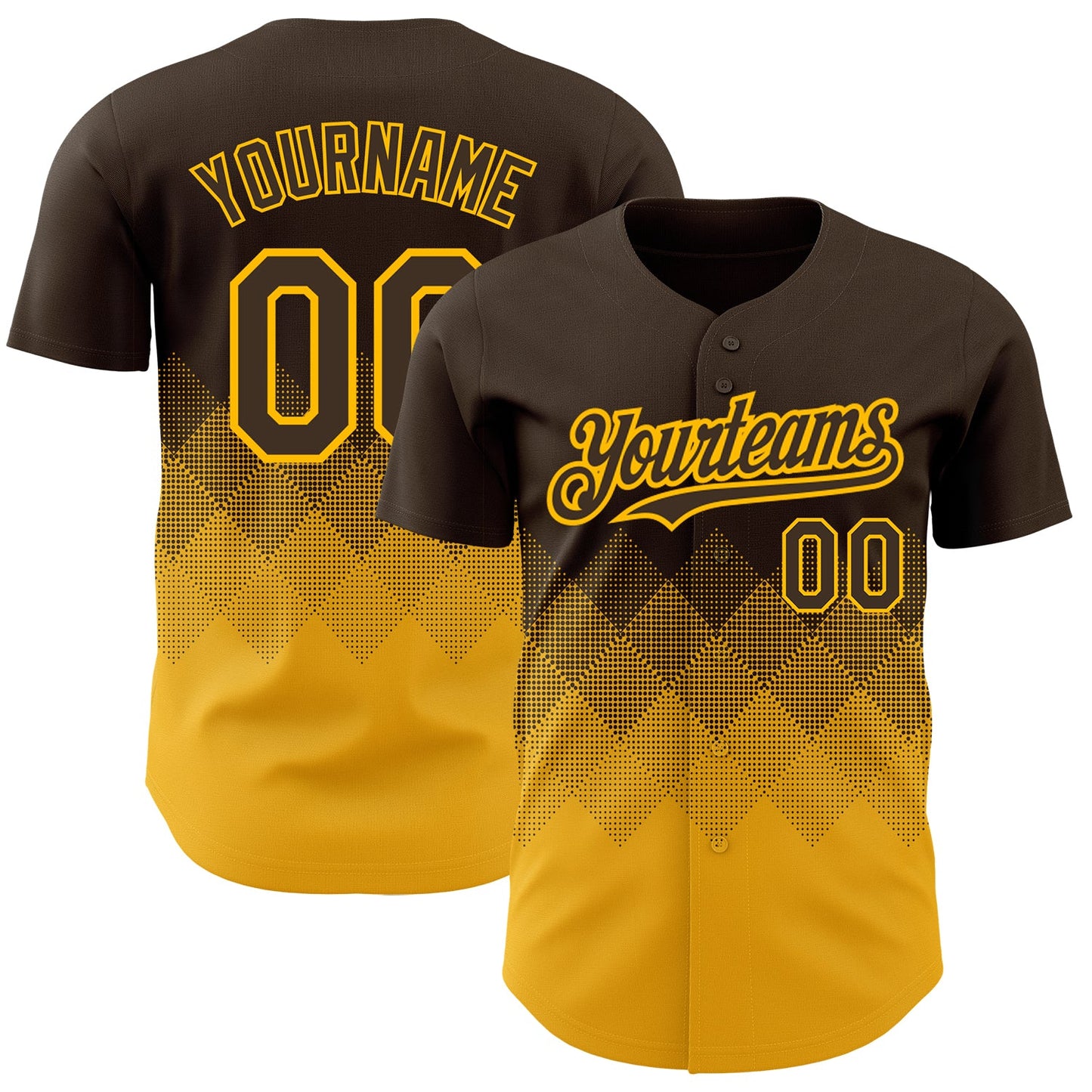 Custom Brown Gold 3D Pattern Design Gradient Square Shapes Authentic Baseball Jersey - Main View